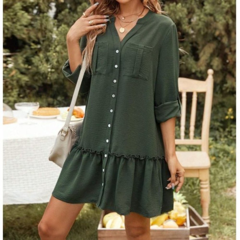 Green Ruffle Hem Smock Dress